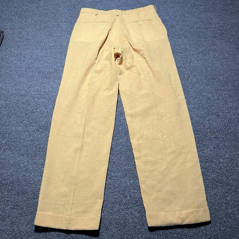 Malta Dress Pants Mens 34 Yellow Gold Pleated Cuffed Grid Wide Leg Retro Slacks